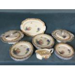 A Meakin Staffordshire six-piece floral dinner service with polychrome chinoiserie decoration and