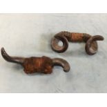 A mounted pair of rams horns - 14.25in; and a similar Victorian pair of cattle horns - 15.75in. (2)
