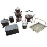 Miscellaneous silver plate & pewter - a tea kettle on stand with ebonised handle, two engraved