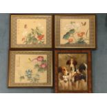 An oileograph of hounds with a terrier in burr walnut frame; and a set of three Chinese floral