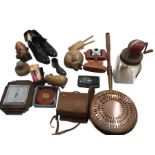 Miscellaneous collectors items including a Victorian copper bedwarming pan, old cameras, a glass