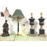 A pair of ebonised urn shaped tablelamps on square plinths with fluted decoration; a brass column