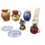 Miscellaneous ceramics/glass - a Royal Doulton Lobster man, a stoneware jug, a cranberry oil lamp,