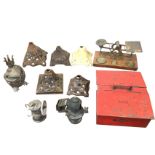 Miscellaneous items - a tin shoeshine box, two carbide lamps, a set of Victorian brass postal