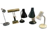 An Edwardian style brass desk lamp with adjustable angled shade on square faux malachite moulded