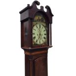 A nineteenth century mahogany longcase clock with swan-neck pediment to arched hood, having