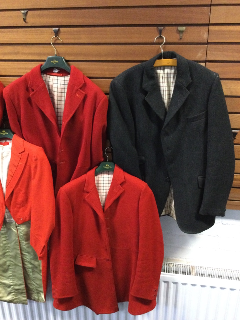 Three huntsmans scarlet hunting jackets with tartan linings; a huntsmans dress tail coat; and a - Image 2 of 3