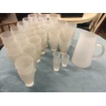 A set of Habitat acid etched glass with jug, tumblers, liqueur and cordial glasses, all with thick