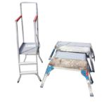 Four rectangular folding aluminium trestles with angled legs; and a folding aluminium work