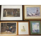Miscellaneous prints including an oak framed Yeames famous Cromelian oileograph, sentimental, ducks,