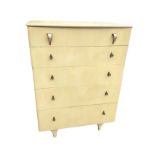 A 60s bleached oak chest of five graduated drawers with rounded top, the stylised handles with top