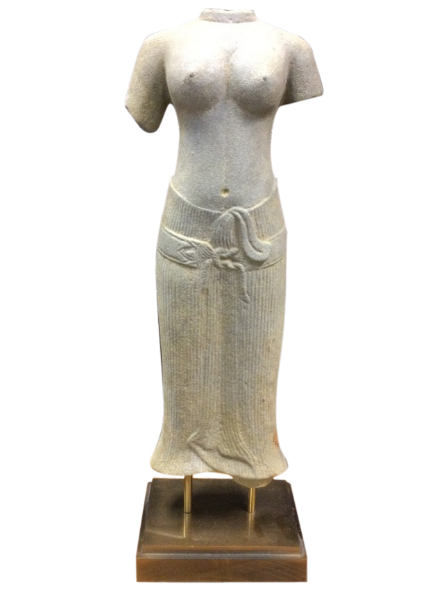 A carved sandstone C11th style figure of a female deity, the Khmer torso carved in the Baphuan style