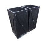 A pair of tall square garden planters, the sides embossed with crossed slatted panels. (10.25in x