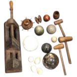 Miscellaneous treen - two leadworkers hammers, a circular Jerusalem olivewood box & cover, a teak