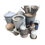 Miscellaneous galvanised metal items including two ribbed dustbins & covers, an oil can, two buckets