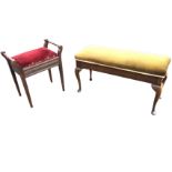 A rectangular upholstered duet stool with hinged box seat raised on cabriole legs; and another
