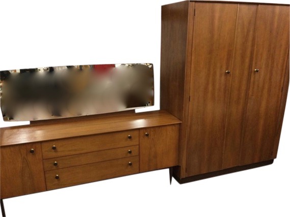 A 1960s Gplan mahogany dressing table & wardrobe, the dresser with rectangular rounded mirror