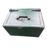 A cast iron safe with carrying handle to door - with key. (13in x 12in x 18.5in)