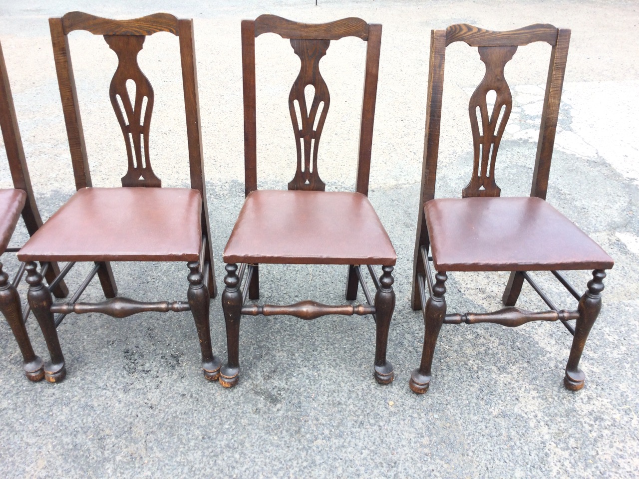 A set of six oak Queen Anne style dining chairs with shaped backs above pierced splats, having - Image 2 of 3
