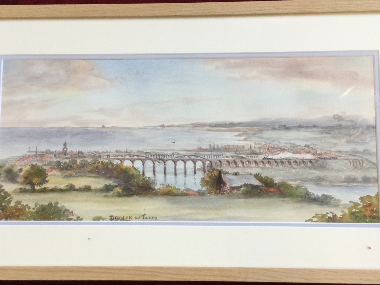 Maisie Hay, watercolour, landscape view of Berwick upon Tweed from Homildon Hill, titled & signed,