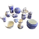 A collection of blue & white ceramics including Ringtons pieces, delft, a Maling hexagonal caddy,