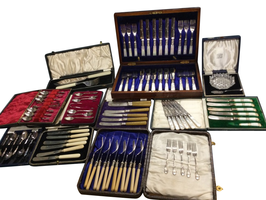 Twelve sets of silver plated flatware, ten cased, including sets of tea knives, tea spoons with