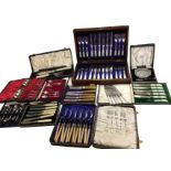 Twelve sets of silver plated flatware, ten cased, including sets of tea knives, tea spoons with