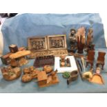 Miscellaneous carved treen including a pair of painted book-ends with drawers, figures, African