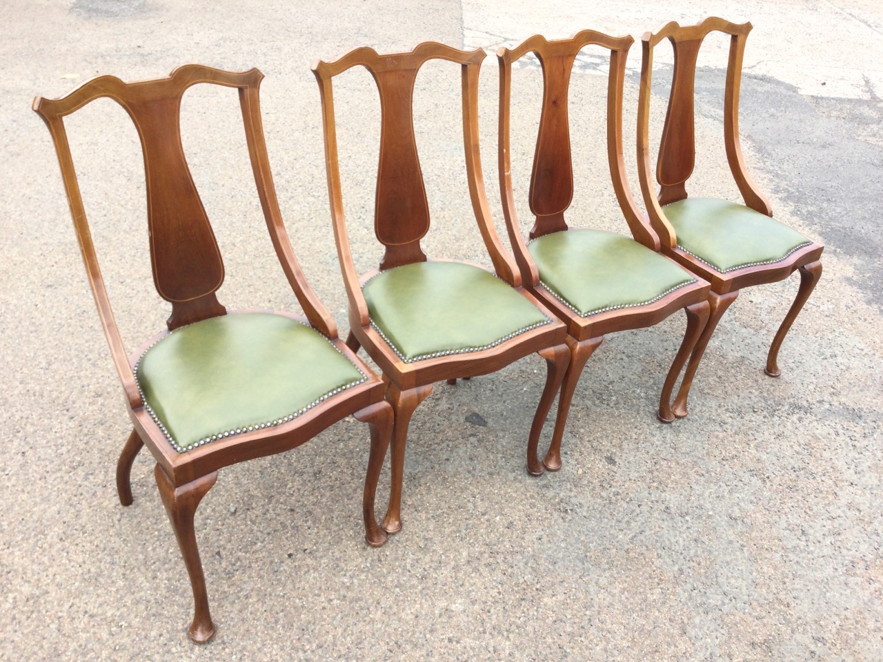 A set of four leather upholstered mahogany dining chairs, the backs inlaid with boxwood stringing - Image 2 of 3