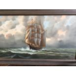 M Kersten, oil on canvas, three masted tall sailing ship on choppy seas, signed & framed. (39in x