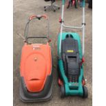 A Flymo Turbo compact 380 electric mower; and a Bosch Rotak 34 ergoflex mower. (2)