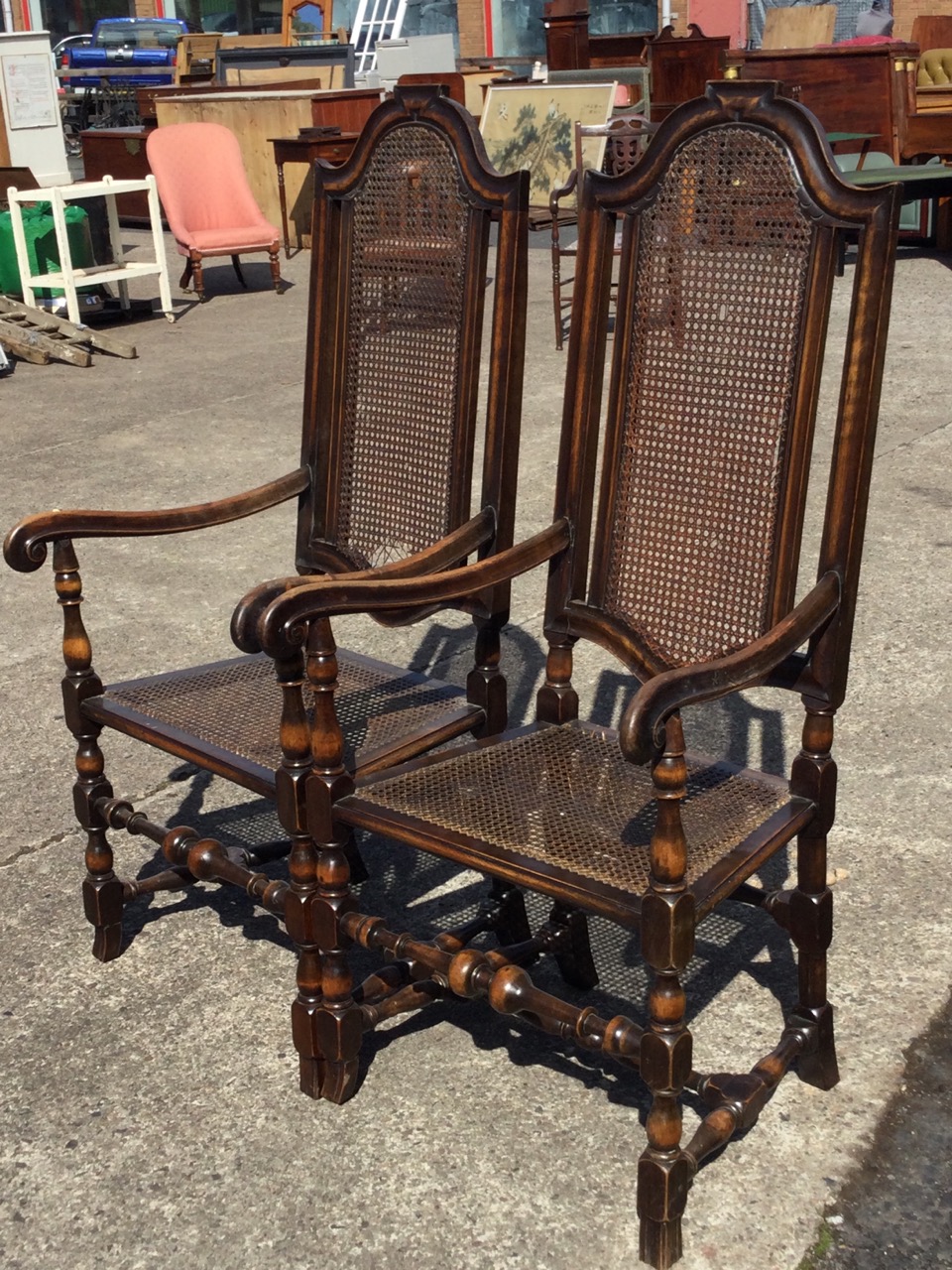 A pair of Queen Anne style side chairs, the backs with arched cushion moulded frames around cane - Image 2 of 3