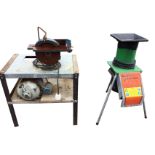 An Allen Goblin 1500 electrical garden shredder; and a workshop electrical sawbench on homemade