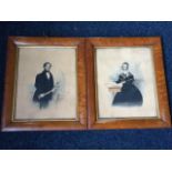 J Wood, watercolours, a pair, Victorian three-quarter length portraits of a young man & woman, he