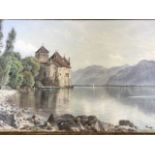 Matkin, watercolour, lake landscape with Chateau de Chillon on Lake Geneva, signed & in gesso