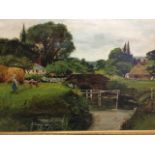A Westbury, oil on canvas, country landscape with milkmaid & cows, figure on bridge, houses, etc,