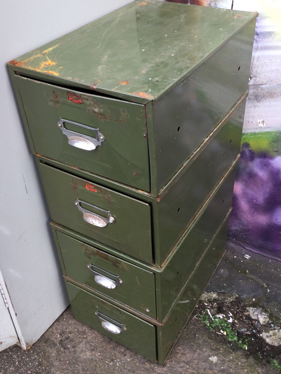 Four metal card index file drawers, mounted with chromed cup handles with label holders. (10.5in x