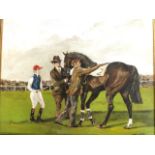 A Thomas, oil on board, jockey about to mount horse with owner in enclosure, after Munnings,