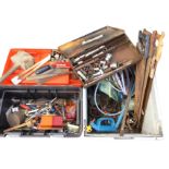 A quantity of tools and materials including a socket set, saws, nails, spanners, a large plastic