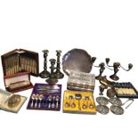 Miscellaneous silver plate including a pair of foliate moulded candlesticks, cased embossed brushes,