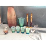 Miscellaneous glass - a turquoise opaline lustre cordial set with jug and four beakers; a pair of