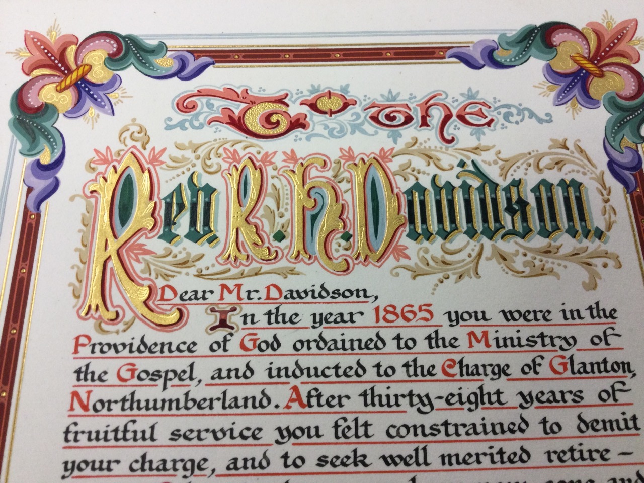 A 1915 illuminated leather bound presentational volume dedicated to the Rev RH Davidson, vicar of - Image 2 of 3
