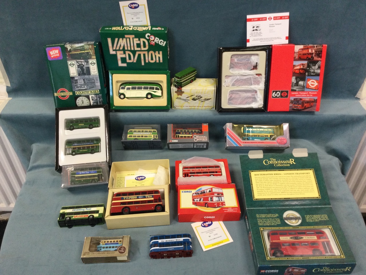 A collection of toy buses including Corgi, many boxed editions, Matchbox, London Transport,