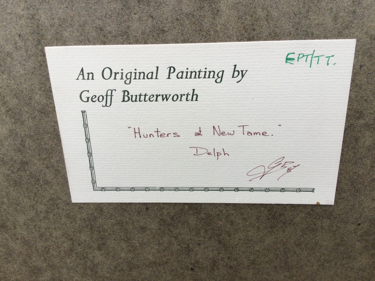 Geoff Butterworth, watercolour, village landscape with mounted hunt, signed, enscribed to label - Image 3 of 3