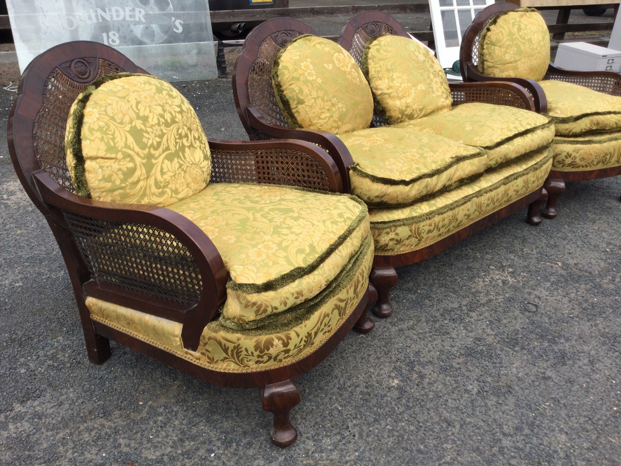 A 1940s mahogany bergére suite with two-seater sofa and two armchairs, the scalloped arched backs - Image 2 of 3