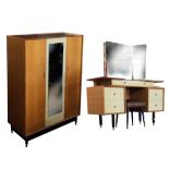 A 60s G-plan oak wardrobe, dressing table & stool, the dressing table with three mirrors above a