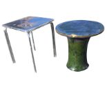 A circular glazed stoneware mushroom shaped garden table with waisted column support; and a modern