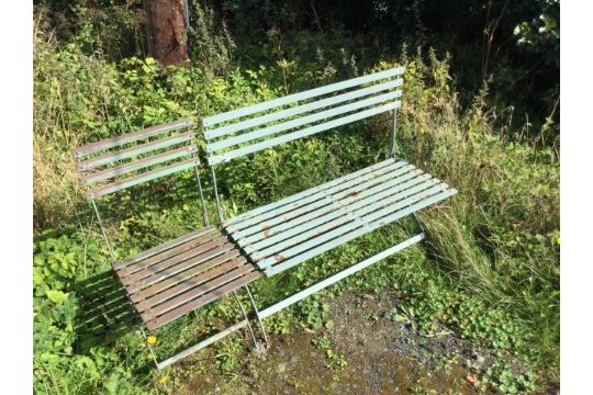 A folding painted metal garden bench & chair, the slatted backs and seats on iron cross-frames. (2) - Image 3 of 3