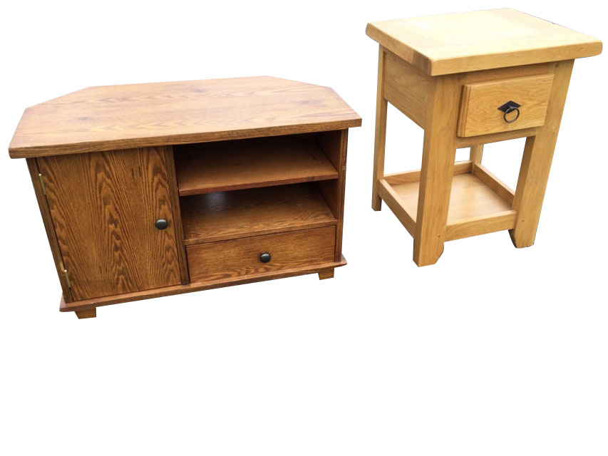 A contemporary oak side table with thick dowelled top above a frieze drawer, raised on rectangular