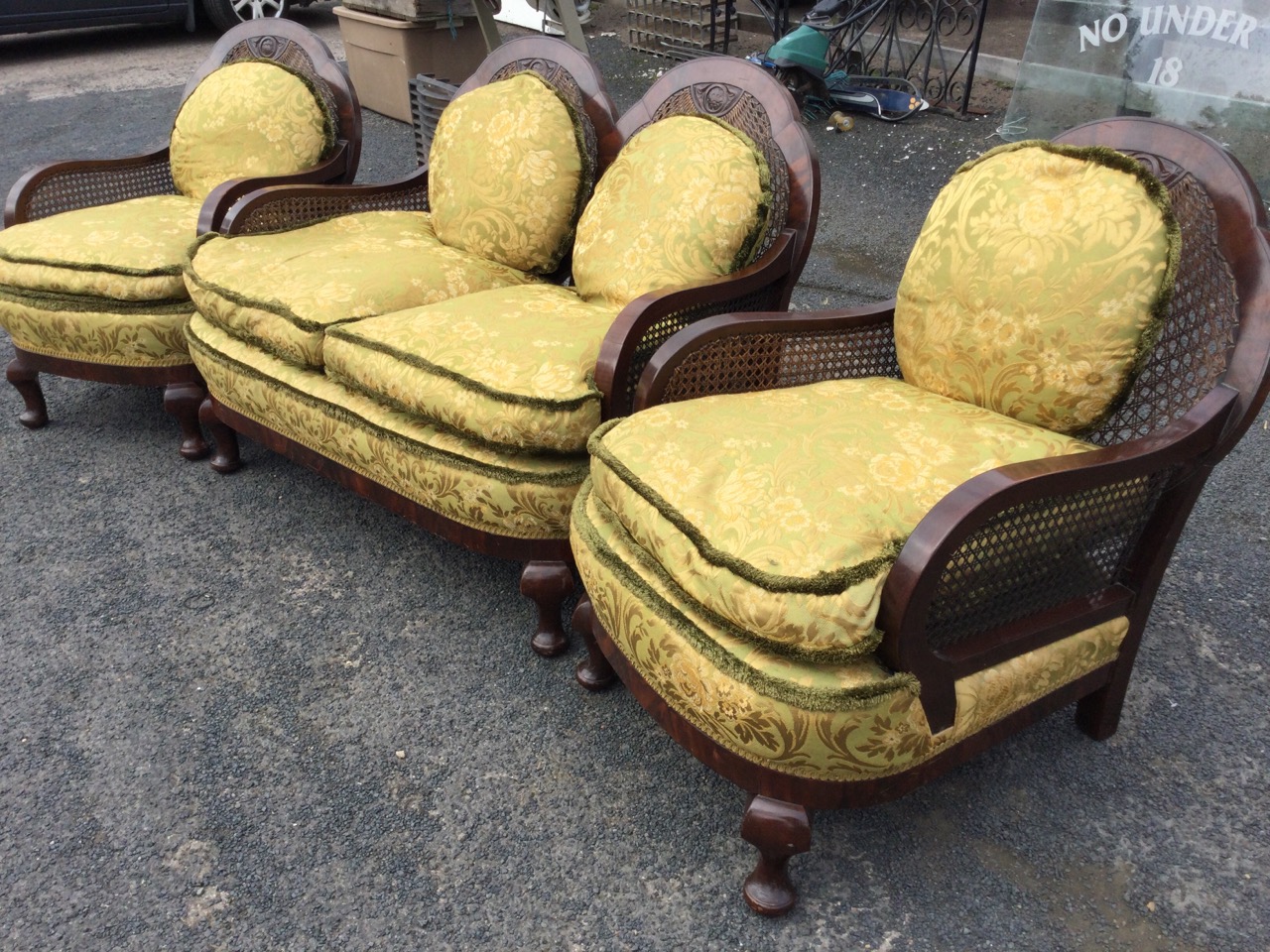 A 1940s mahogany bergére suite with two-seater sofa and two armchairs, the scalloped arched backs - Image 3 of 3